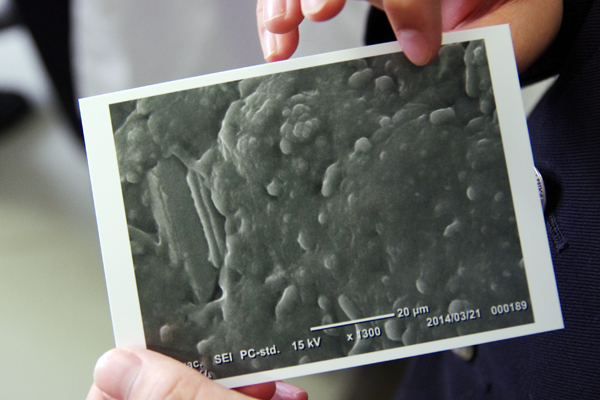 電子顕微鏡で観察した画像は生徒一人ひとりにプレゼントされた。写真は、消しゴムのカスの電子顕微鏡画像。